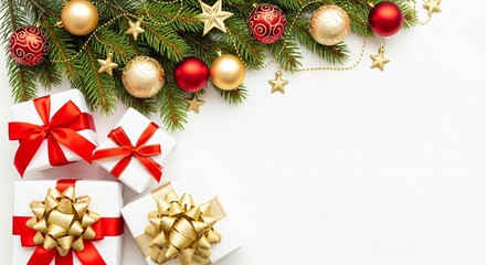 Christmas gifts with red ribbons and golden bows on white background, festive fir branches, ornaments, copy space for text