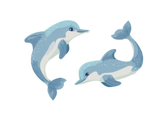 Fototapeta premium Cute cartoon dolphins swimming on transparent background