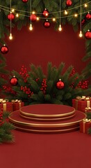 Christmas podium with fir branches, red baubles, fairy lights, and gifts on deep red background, festive holiday display