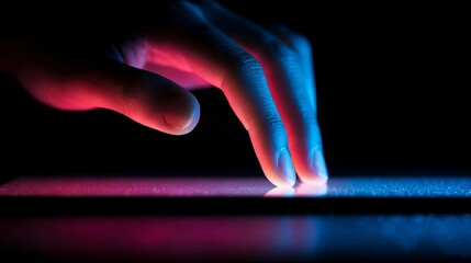 Close up of a hand interacting with a glowing digital screen under vibrant neon lights, symbolizing innovation and technology