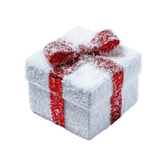 Gift box covered in snow with a red ribbon for winter celebration on a transparent background, cut out