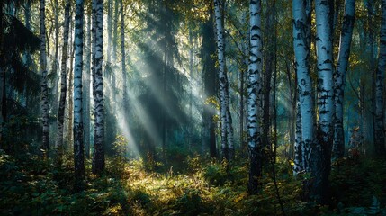 Fototapeta premium Sunlight streams through a vibrant birch forest illuminating the lush green undergrowth with a magical, serene glow