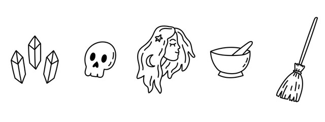 Crystal skull and woman with mortar broom show witchcraft. Magic occult mystic with esoteric astrology tarot create mood. Celestial, spiritual, symbol, ritual, palm, lines and spell enrich the set.