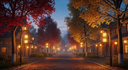 Autumn evening street with festive lanterns on st. martin’s day for seasonal decoration and celebration design