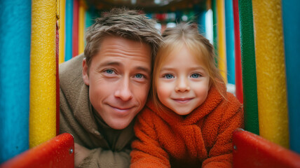 Father and daughter enjoying playful moments on a colorful slide together