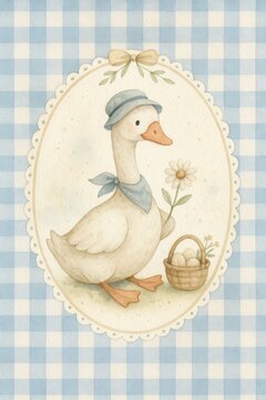 Easter Goose with Basket on Blue Gingham