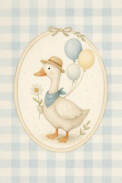 Straw-Hat Goose with Balloons and Daisy &mdash; Blue Gingham Cameo