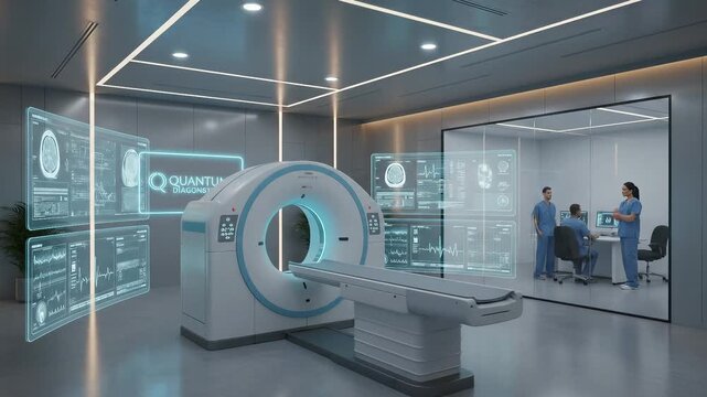Medical professionals analyze patient data in a high-tech diagnostic center. Holographic screens display brain scans and vital signs. Quantum Diagnostics facility features an advanced CT scanner - Powered by Adobe