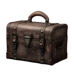 A weathered brown leather chest with metal hardware and a handle on a black background studio shot