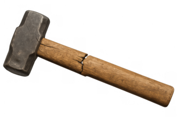 Sledgehammer with cracked wooden handle, metal head, old demolition tool isolated on a transparent background
