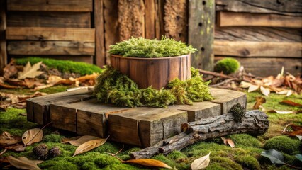Rustic Wooden Display with Mossy Accents and Autumnal Leaves, Ideal for Product Photography or Creative Still Life Composition