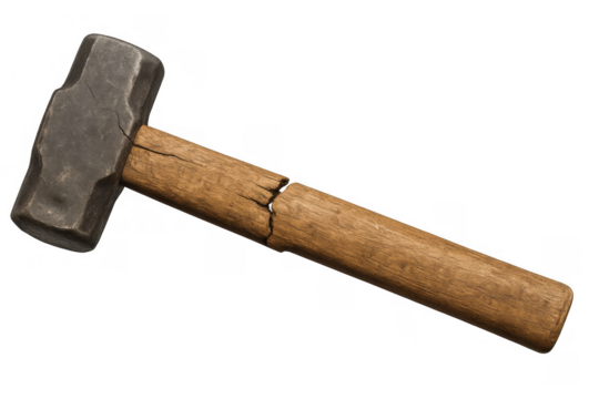 Sledgehammer with cracked wooden handle, metal head, old demolition tool isolated on a transparent background