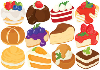 Vector Dessert Pastry Clip Art Set Sweet Food Cake Cheesecake Tiramisu Cream Puff Bakery Illustration Isolated on White Background Graphic