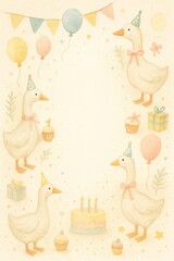 Goose Birthday Party Border Frame — Watercolor Pastel