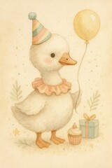 Cute Duckling with Balloon and Cupcake &mdash; Watercolor Party