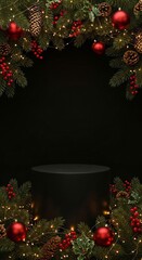 Christmas podium with pine branches, red baubles, pinecones and fairy lights on black background, festive product display