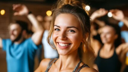 Group dancing lesson in studio, smiling participants, movement and joy, learning together, social connection, dance community, happiness in motion, energy and wellness, with copy s