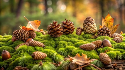 Obraz premium Autumnal Forest Floor Scene with Pine Cones and Acorns Nestled in Lush Green Moss