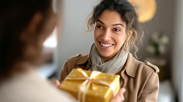 Professional photo of traveler gifting small wrapped souvenir to friend smiling warmly, under soft natural light highlighting generosity and joy, serene travel scene, calm neutral
