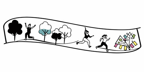 People running and jumping through a park landscape with trees and a colorful abstract structure