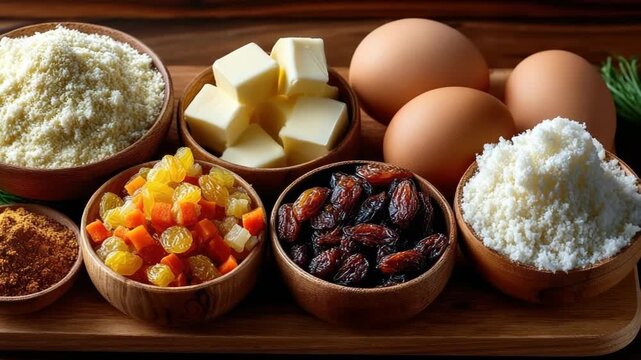 Overhead flatlay of farofa ingredients on wooden boards: cassava flour, butter, eggs, raisins, garlic, spring onion and spices arranged for homemade Brazilian dish preparation
