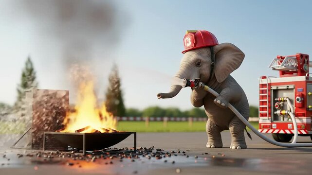 Elephant Firefighter Extinguishes Blaze - Cartoon Style