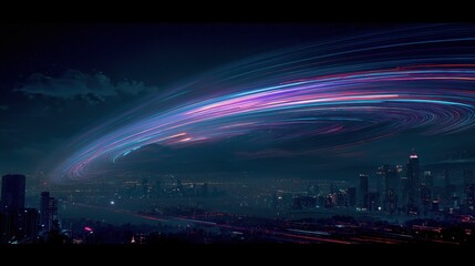 Vibrant 3i Atlas-Inspired Futuristic Cityscape With Neon Rings, Ideal For Tech Branding, Sci-Fi Posters, And Digital Innovation Themes.