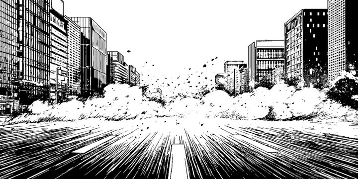 Dynamic black and white anime manga scene of urban dust explosion