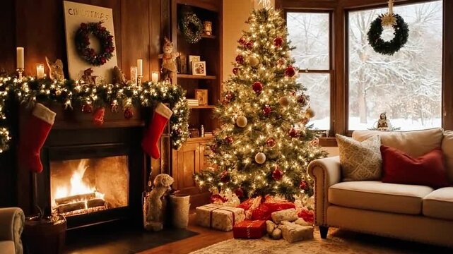 Cozy Christmas living room with decorated tree, glowing fireplace and snow outside the window. Warm festive atmosphere, classic holiday scene, soft cinematic lighting.