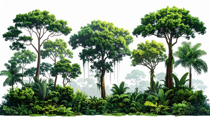Lush green tropical rainforest jungle with diverse trees and dense undergrowth on white background high quality image.