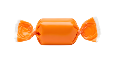 A single shiny orange candy wrapped in twisted paper with white ends isolated on transparent background