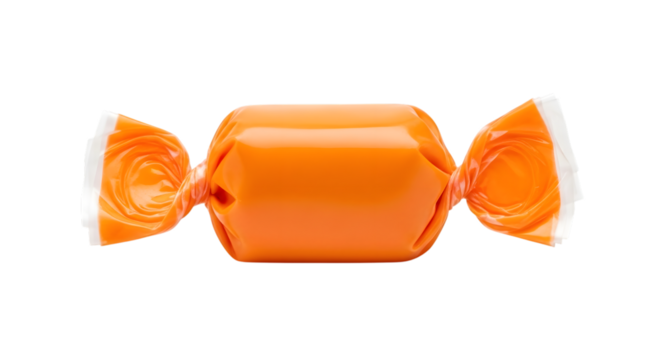 A single shiny orange candy wrapped in twisted paper with white ends isolated on transparent background