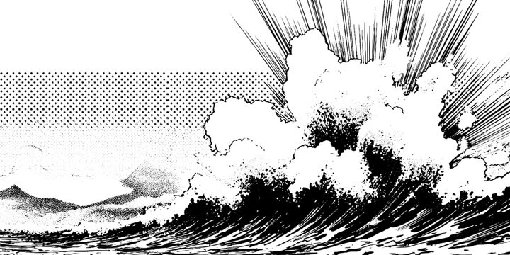 Dynamic black and white manga ocean wave with speed effect for comic design