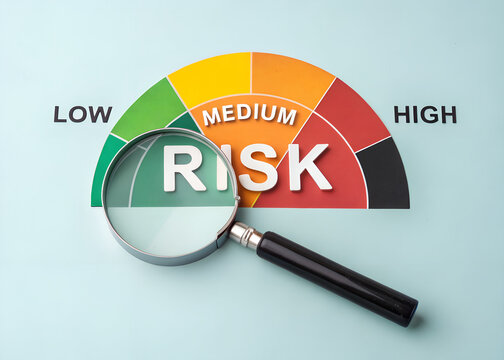 Risk Assessment Gauge with Magnifying Glass: Low, Medium, High Levels
