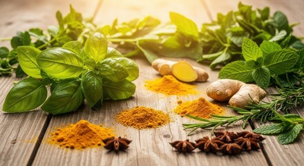 Various fresh herbs and spices on a wooden table with sunlight shining through the leaves