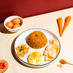 Egg fried rice served hot with vegetables and savory seasoning. Simple and delicious Indonesian dish, perfect for everyday meals or food photography.