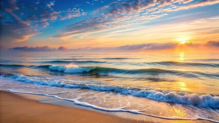 Fototapeta premium Serene Coastal Dawn Golden Light Illuminates Gentle Waves Rolling Onto a Sandy Shore Under a Vibrant Sky