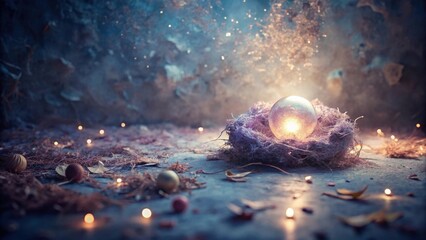 Enchanted Glass Orb Nestled in Dusty Nest, Illuminated by Soft Glow, Scattered with Autumnal Leaves and Tiny Lights