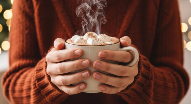 Cozy autumn scene with steaming hot chocolate and marshmallows