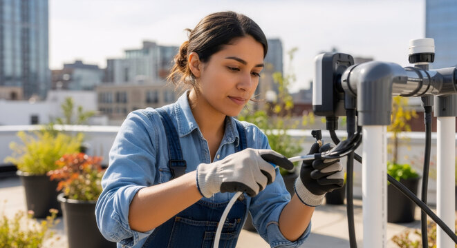 Rooftop farm system being adjusted with professional precision, focusing on urban agriculture, depicting modern cultivation. - Powered by Adobe