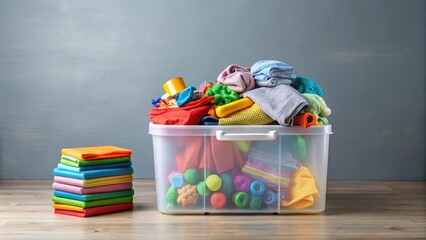 A clear plastic storage container overflowing with colorful fabric scraps, toys, and miscellaneous items, alongside a neatly stacked pile of vibrant cloth swatches.