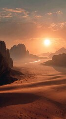 Fototapeta premium A stunning sunset over a desert landscape, with rolling dunes and rugged mountains silhouetted against the colorful sky.