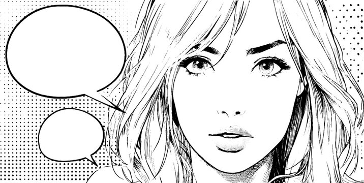 Expressive manga character with speech bubbles in black and white halftone comic design