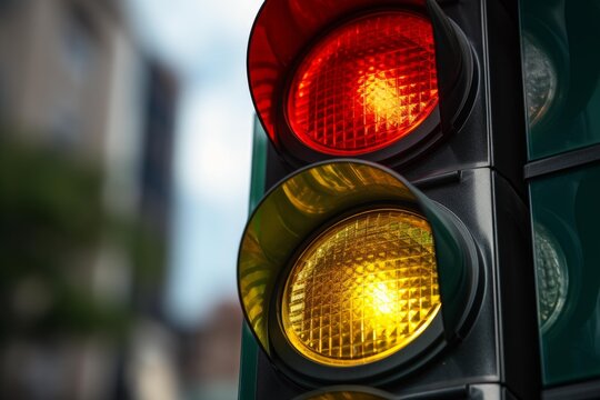 Red and amber traffic lights glowing on a busy city street, controlling the flow of vehicles