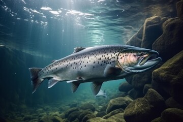 Salmon swimming underwater in crystal clear blue water, near rocks and sunlight rays