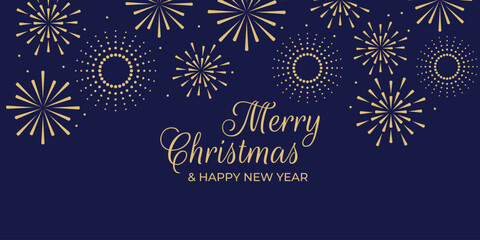 Merry Christmas and Happy New Year greeting card with golden fireworks on a dark blue background. New Year's background.