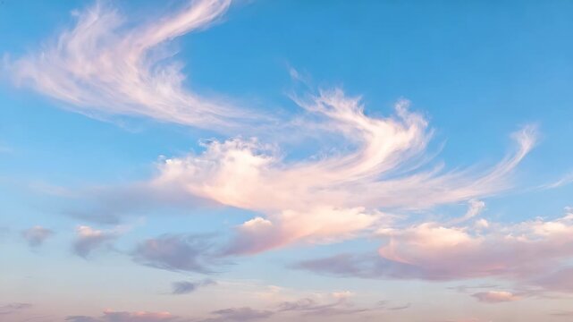 Time-lapse of feathery cirrus clouds drifting in a blue sky. Pink hues from the sunset color the lower clouds. Atmospheric and weather concept. Lockdown shot.