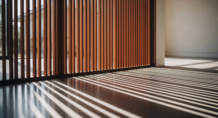 Fototapeta premium Sunlight patterns in room, illuminating smooth floor. Sunlight patterns through blinds creates natural shadows on floor, enhancing textures and surface details.