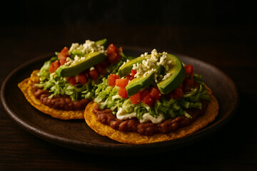Crispy Mexican Tostadas with Refried Beans, Avocado Slices, Shredded Lettuce, Diced Tomatoes, Sour Cream, and Crumbled Cheese on a Dark Rustic Plate