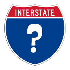 Digital composite. ..Road sign Interstate highway with a question mark. ..Concept, where are you going, unknown destination, poor state of road maintenance...PNG file © Stuwdamdorp